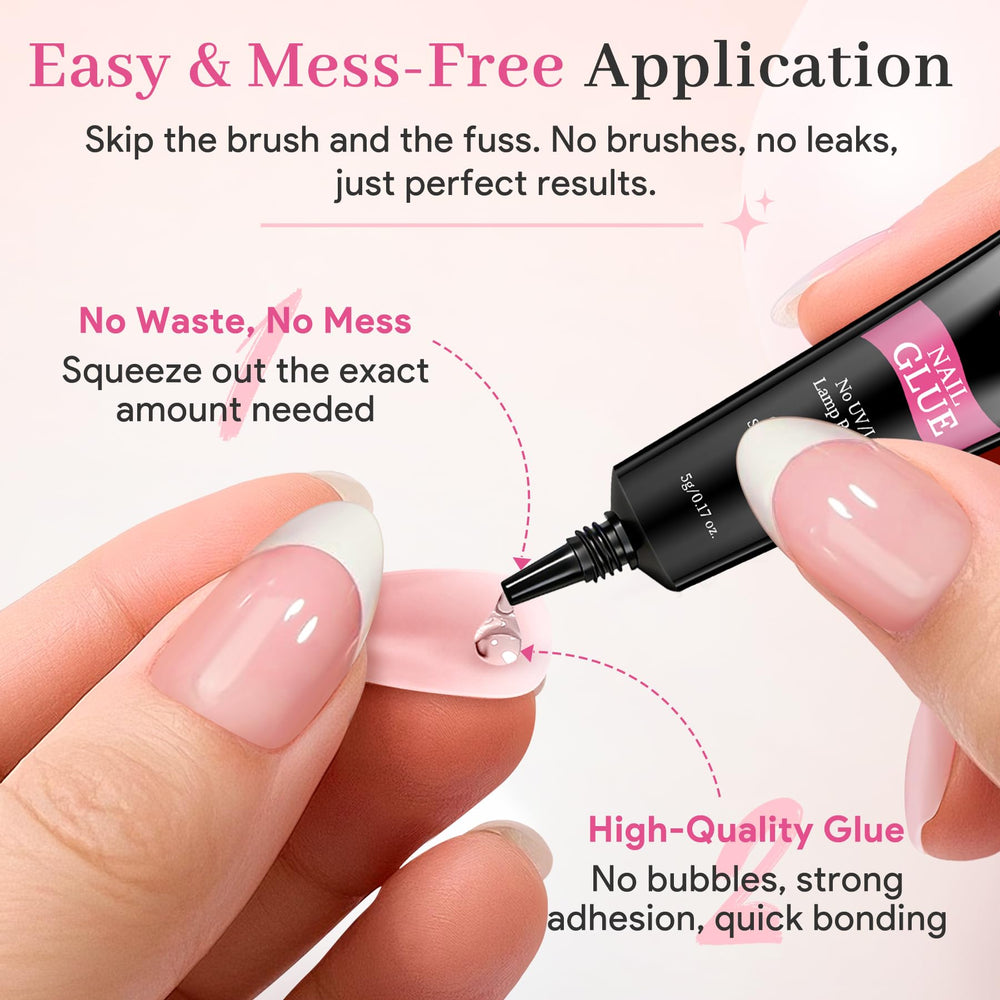 QIEK glue application on press-on nail indicating quick secure bonding