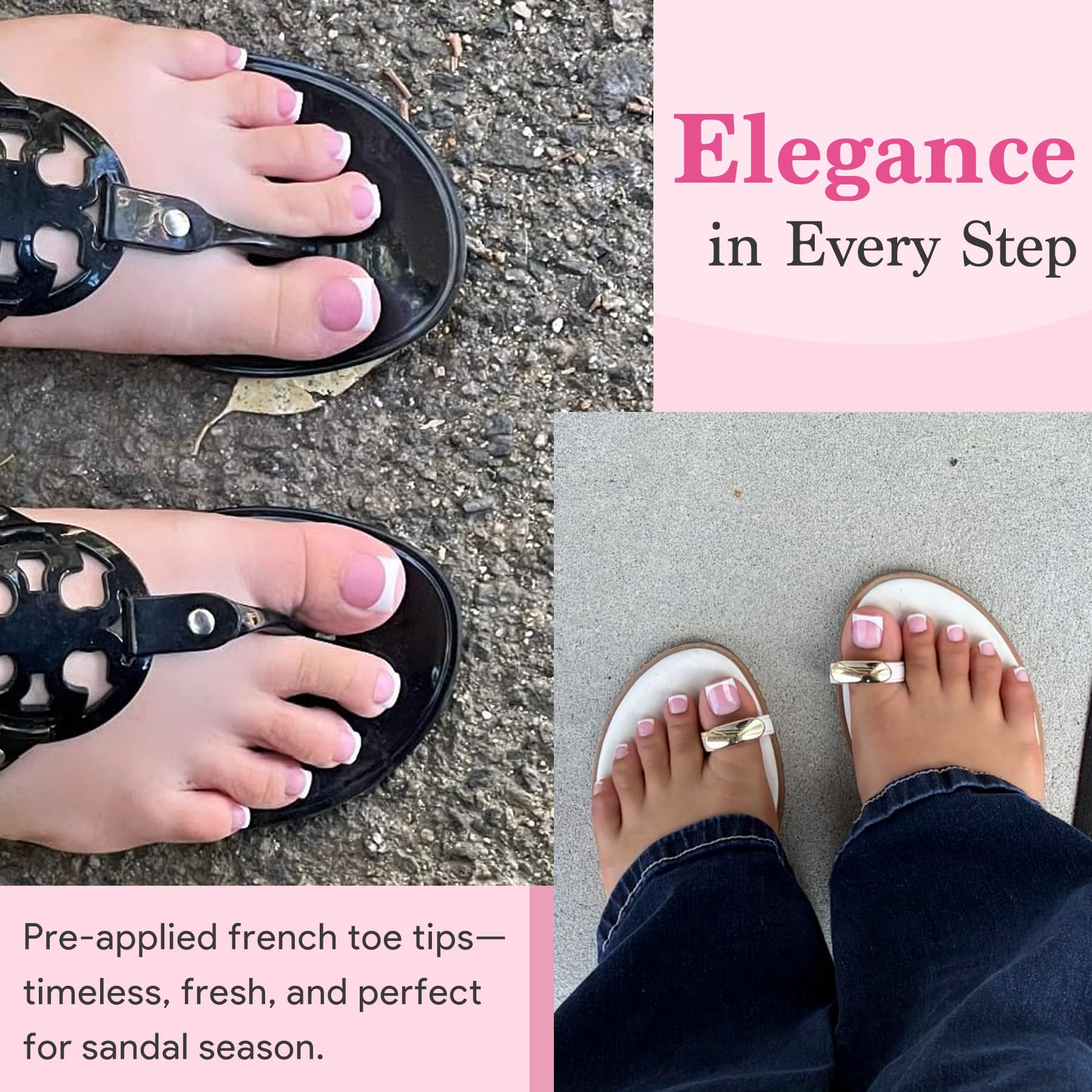 QIEK worn with open-toe sandals showcasing berry-pink French tips for a polished look