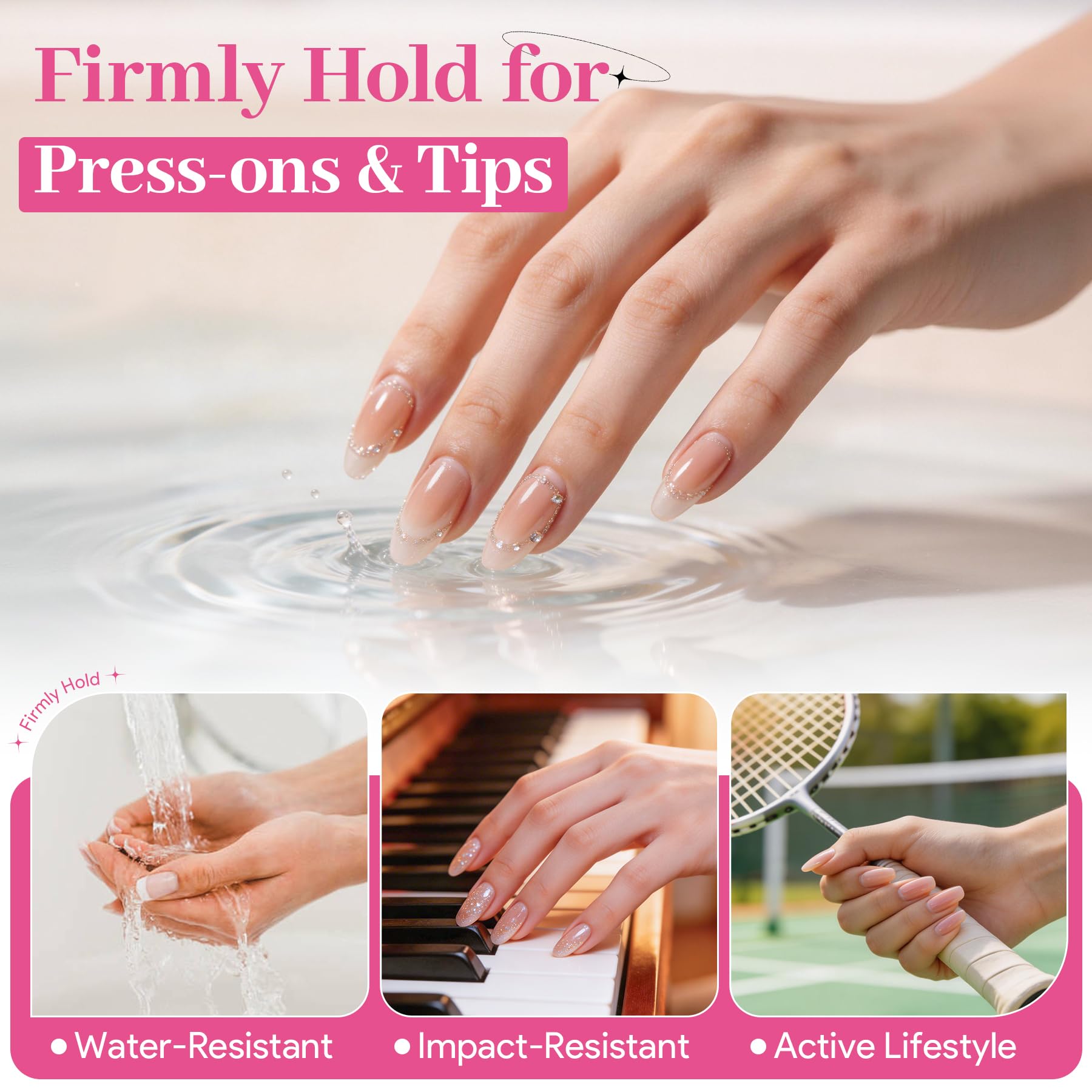 QIEK glue being applied to press-on nails for quick secure bonding