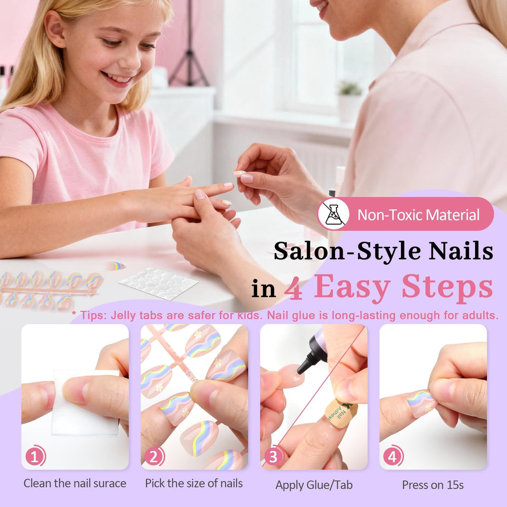 QIEK applied press-on nails on a child's hands giving instant polished look