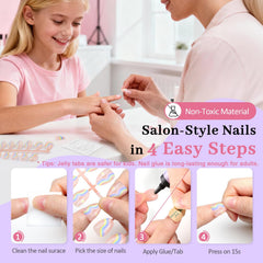 QIEK applied press-on nails on a child's hands giving instant polished look