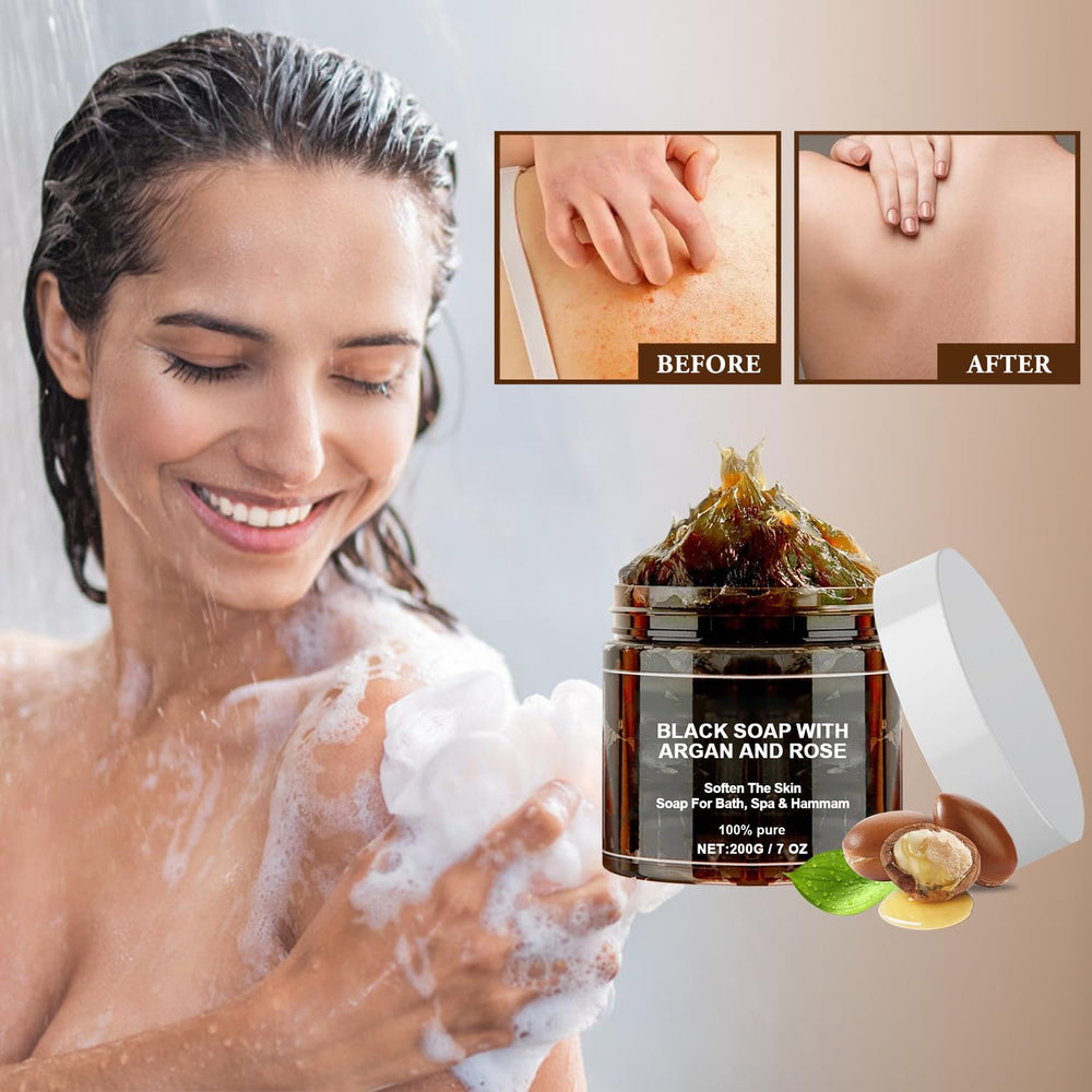QiFind soap applied with exfoliating glove demonstrating gentle removal of dead skin