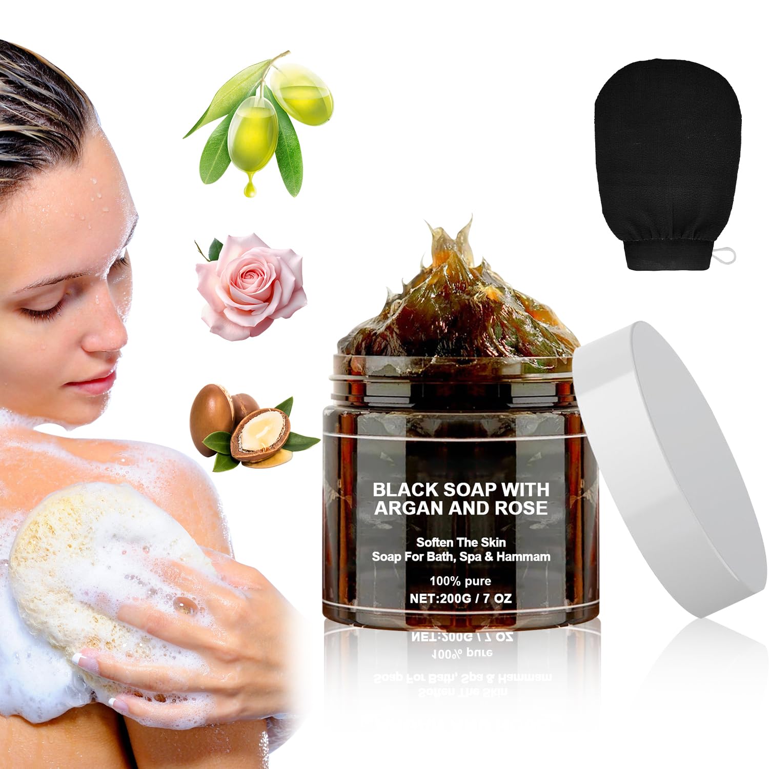 QiFind front packaging of Morocco black soap showing product benefits and natural ingredients
