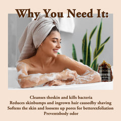 QiFind creamy lather from black soap illustrating easy spread and hydrating cleanse
