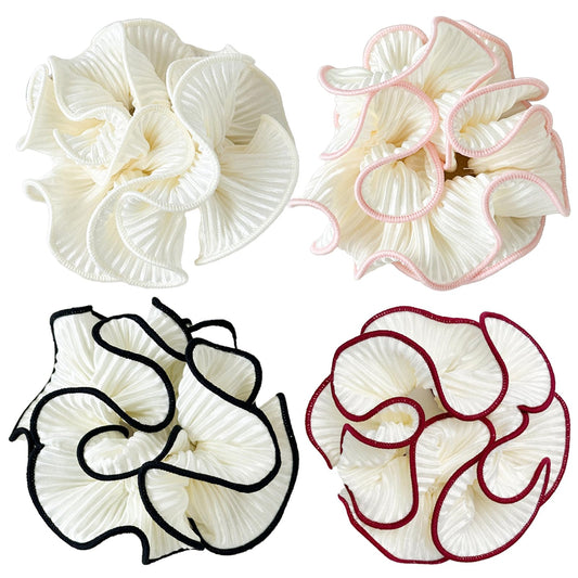Qigfucm front view of white scrunchies with colored trim showing elegant volume