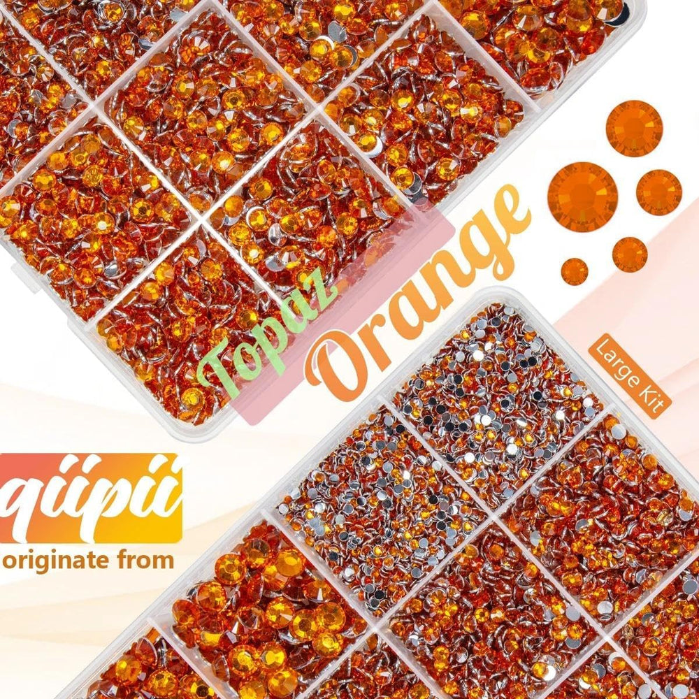 qiipii 24-grid box open with sorted orange-red resin rhinestones for quick selection