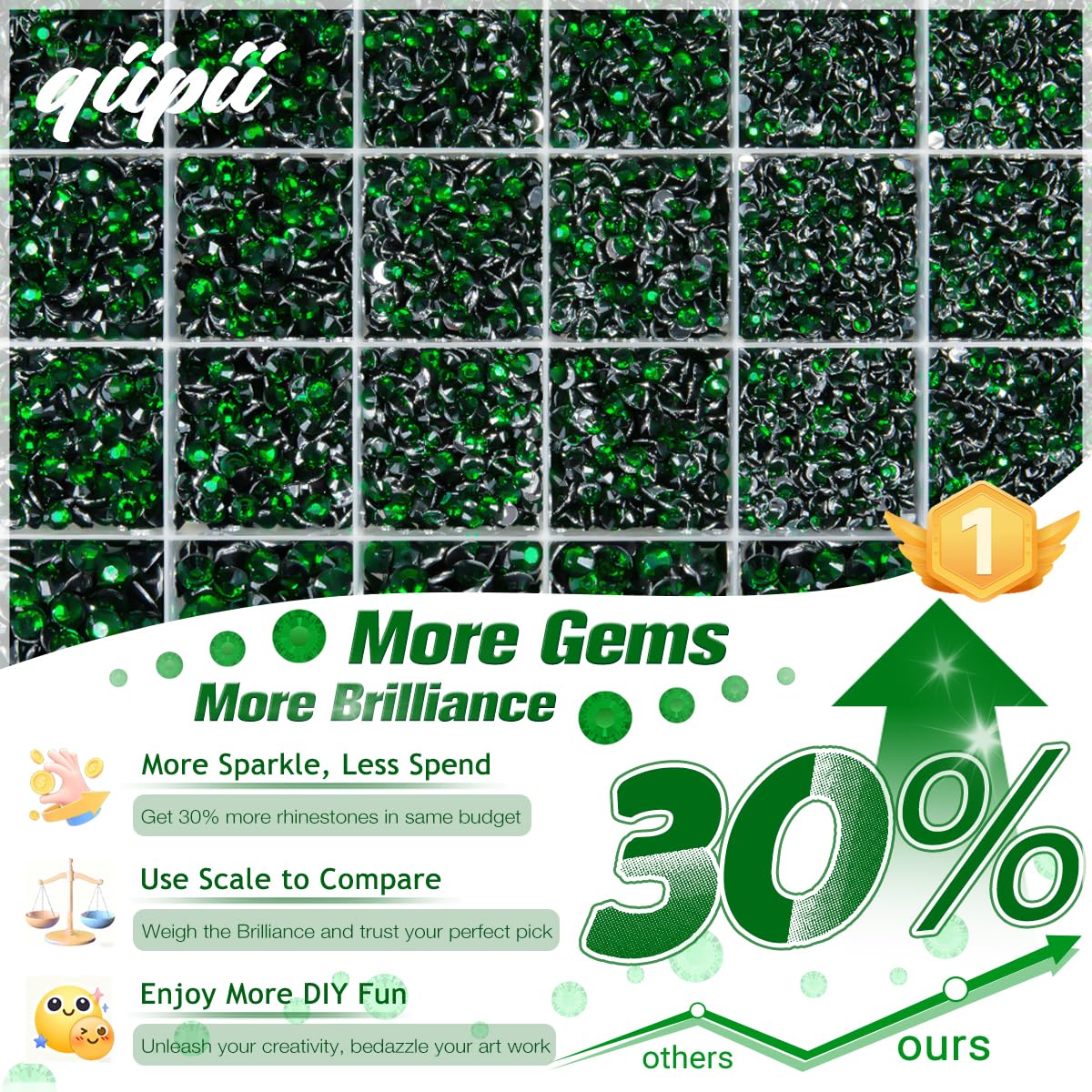 qiipii open 24-grid box with sorted green resin rhinestones for organization