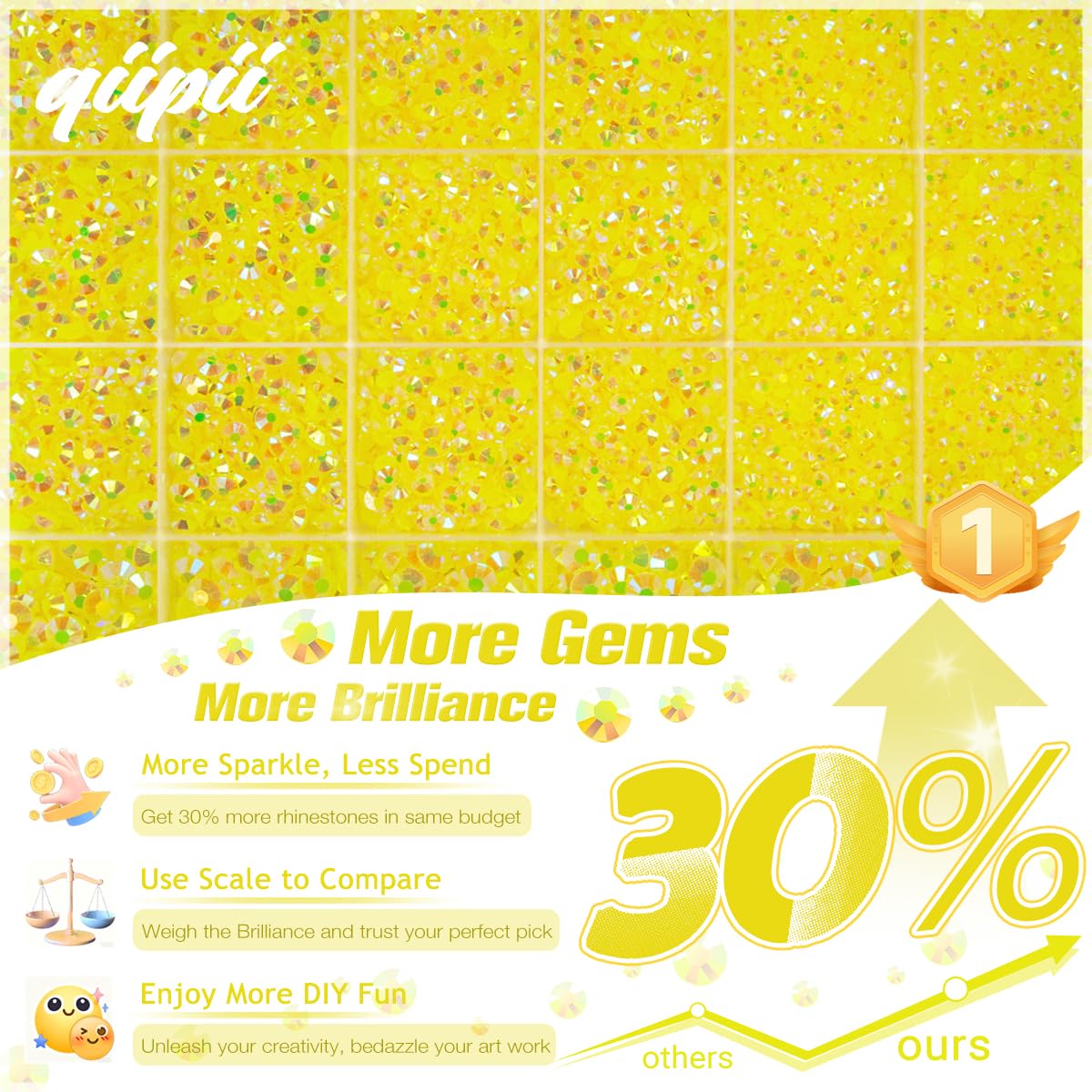 qiipii 24-grid organizer open with sorted lemon yellow resin rhinestones for quick selection