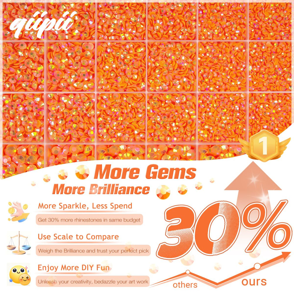 qiipii 24-grid storage box open with neatly separated neon orange rhinestone sizes for easy access
