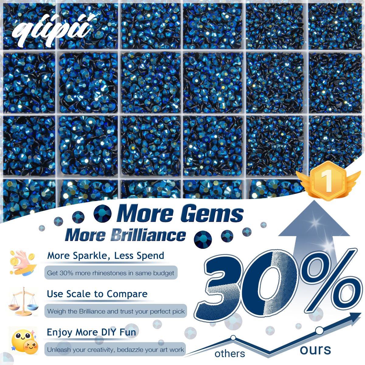 qiipii open 24-grid organizer displaying separated navy blue jelly rhinestones for quick access