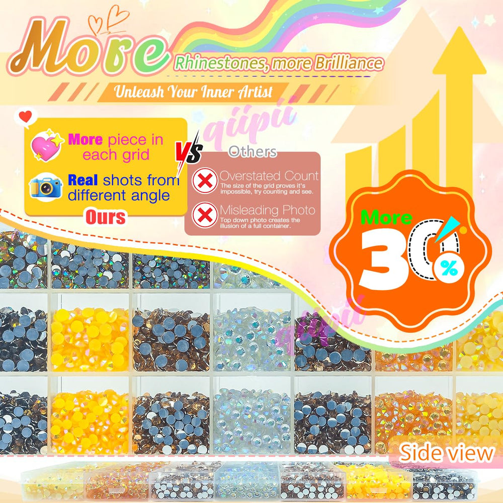 qiipii close-up of 3mm to 6mm flatback resin stones showing jelly texture and uniform facets for bright sparkle