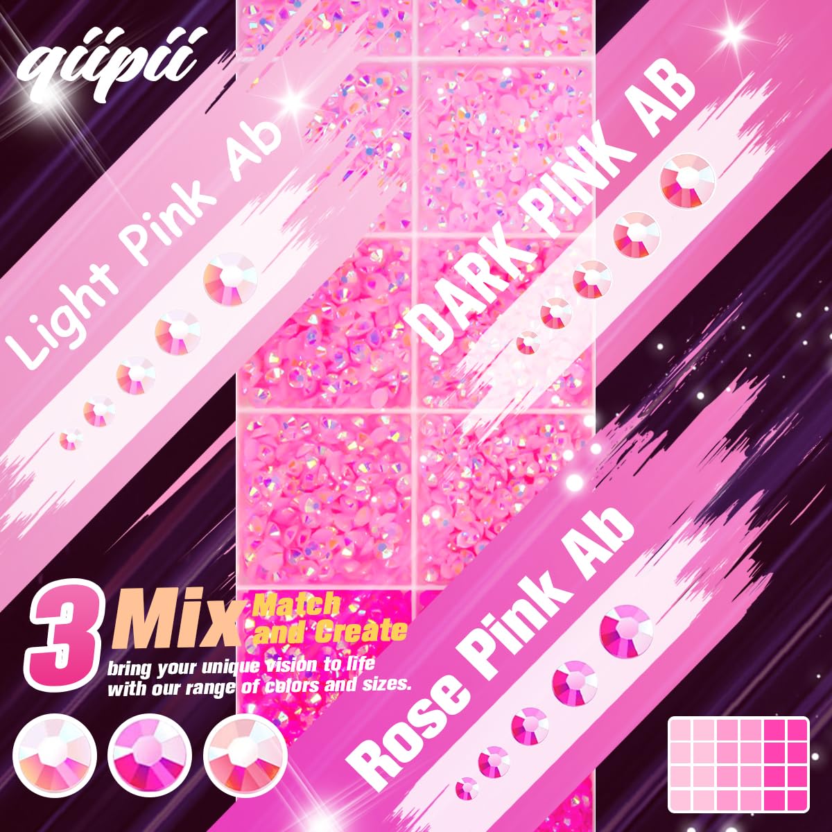 qiipii overhead shot of compartments with sizes and three pink shades for quick selection