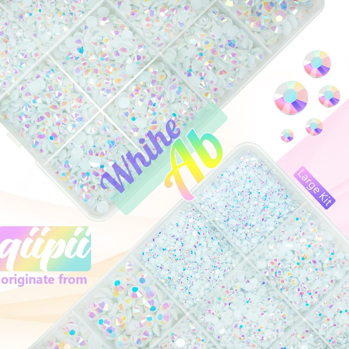 qiipii close-up of faceted white AB resin rhinestones showing intense sparkle