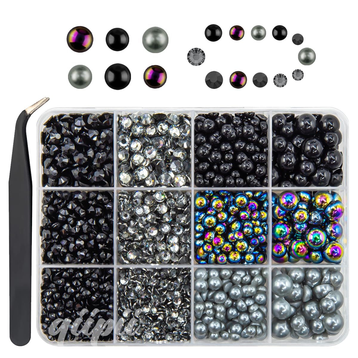 qiipii open box showing organized black pearls and rhinestones for easy selection