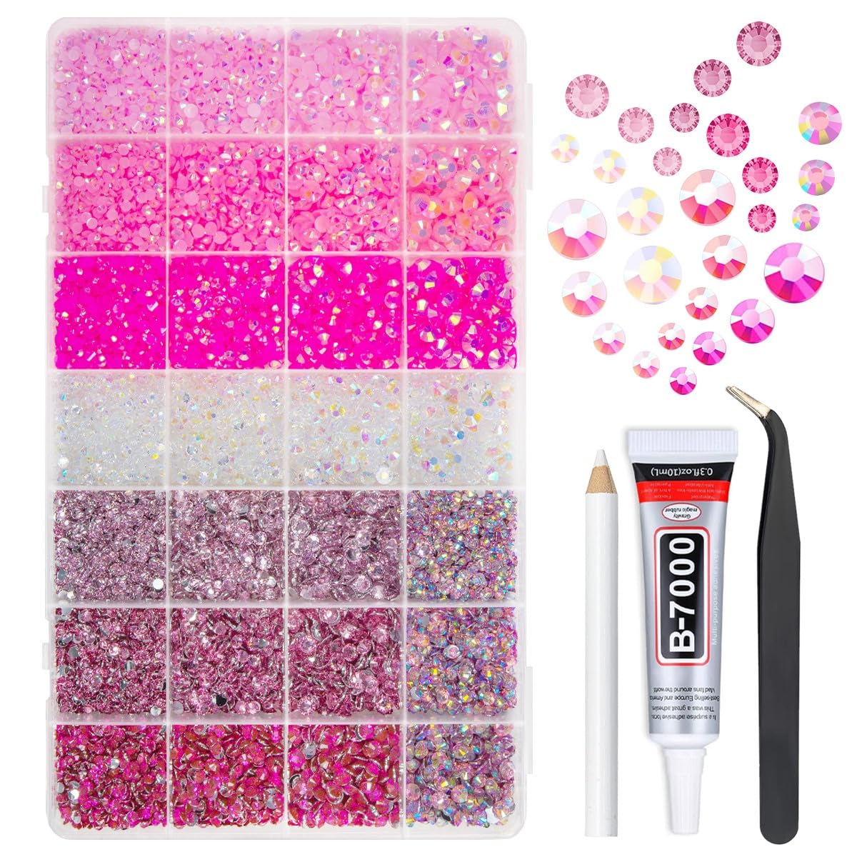 qiipii open box showing organized pink rhinestone grids for quick access