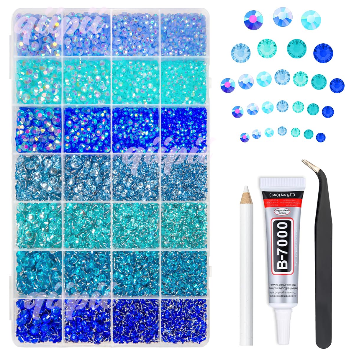qiipii front box open showing 28 blue rhinestone compartments and easy selection