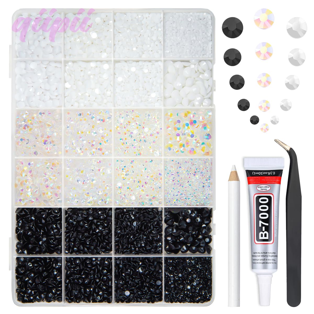 qiipii front box open showing organized rhinestone trays and tools for neat storage