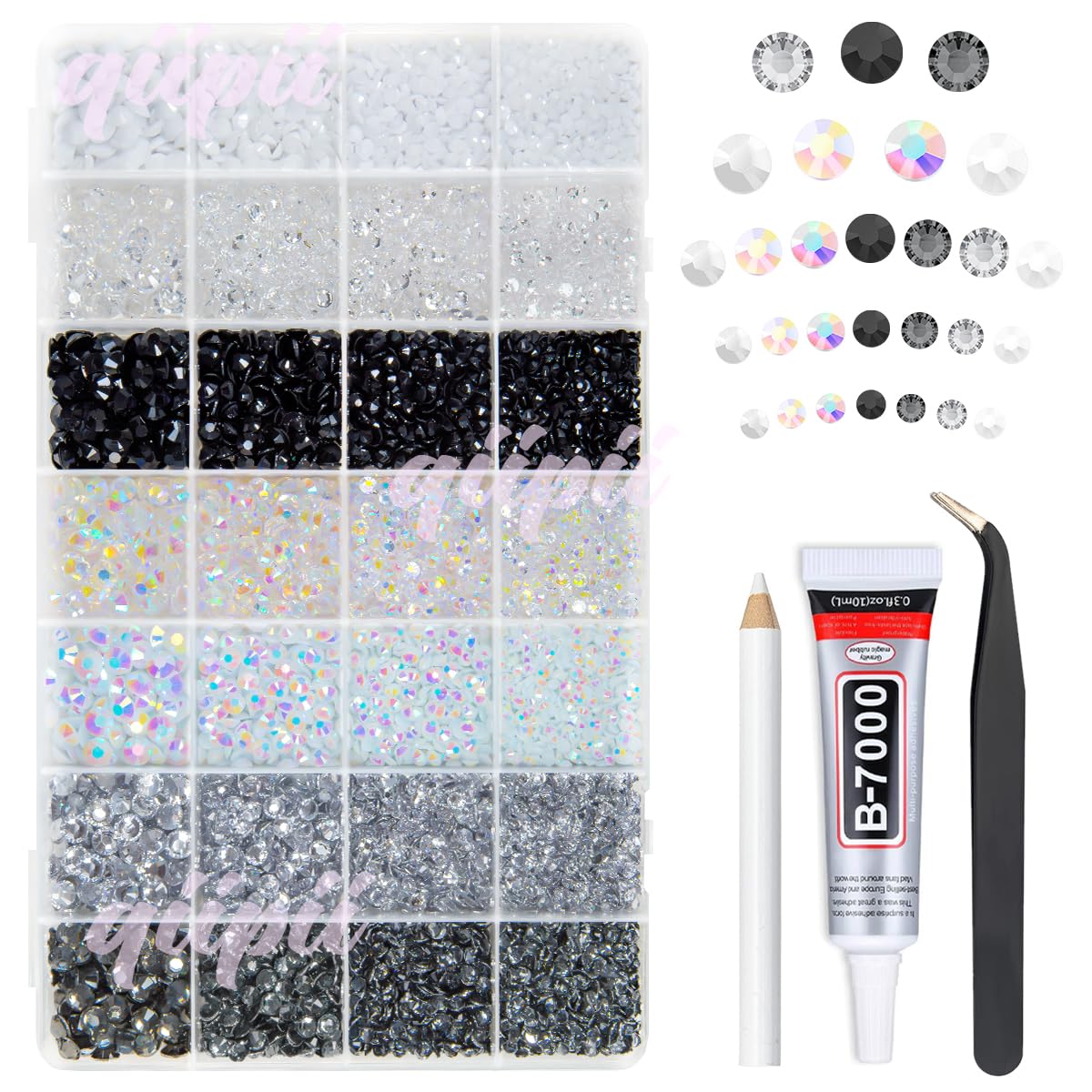 qiipii front box opened showing 28 organized rhinestone compartments and easy access