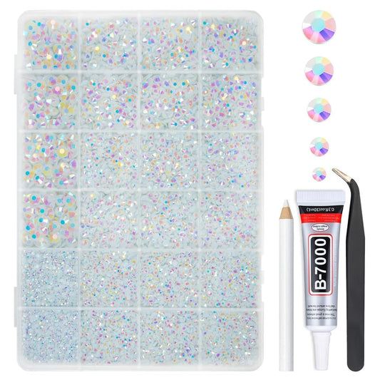 qiipii front box showing organized rhinestone compartments and included glue for easy storage