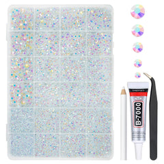 qiipii front box showing organized rhinestone compartments and included glue for easy storage