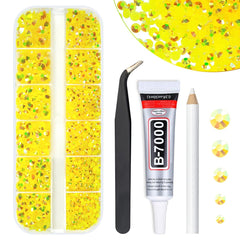 qiipii front package showing lemon yellow AB rhinestones and included glue, useful for quick project starts