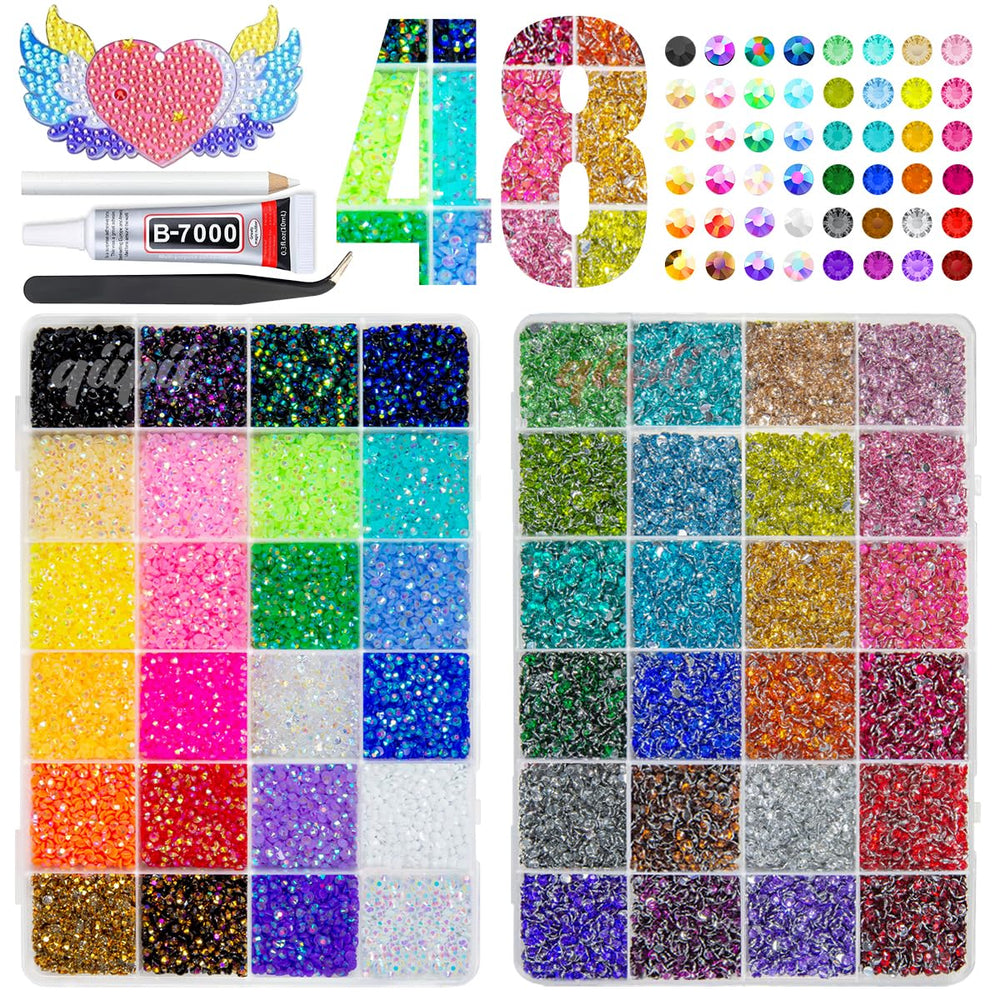 qiipii front packaging showing 48-color rhinestone kit and neat storage — quick setup