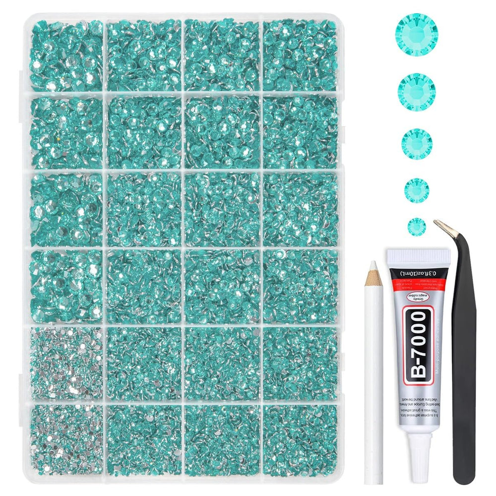 qiipii front packaging showing aquamarine rhinestone kit and included glue for easy crafting