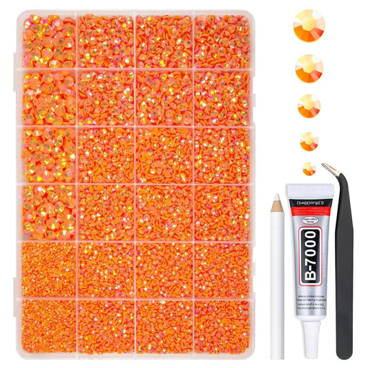 qiipii front packaging box showing neon orange rhinestones and glue, organized for convenience