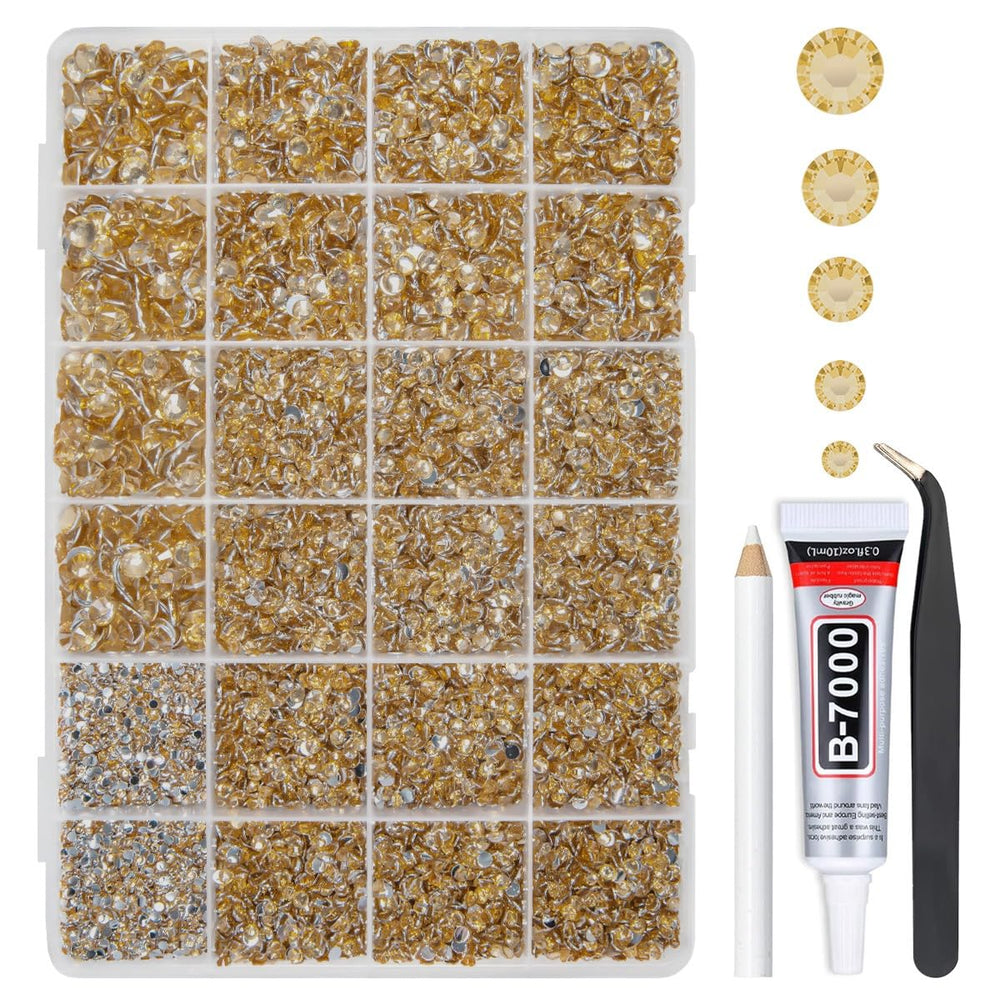 qiipii front packaging showing full champagne gold rhinestone kit and glue, great for gifting