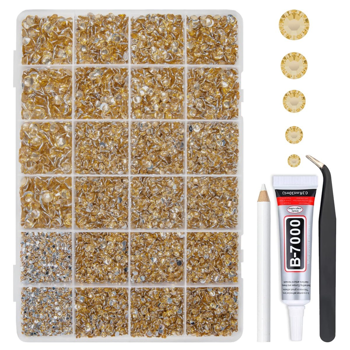 qiipii front packaging showing full champagne gold rhinestone kit and glue, great for gifting