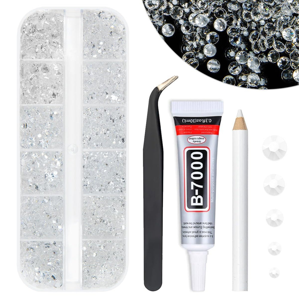 qiipii front packaging showing clear rhinestones and glue, easy crafting
