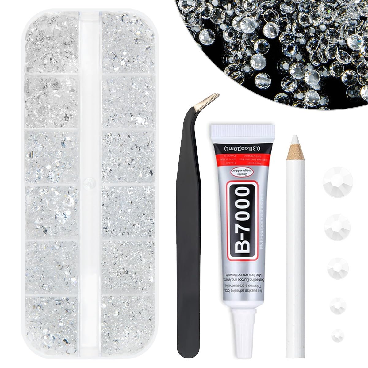 qiipii front packaging showing clear rhinestones and glue, easy crafting