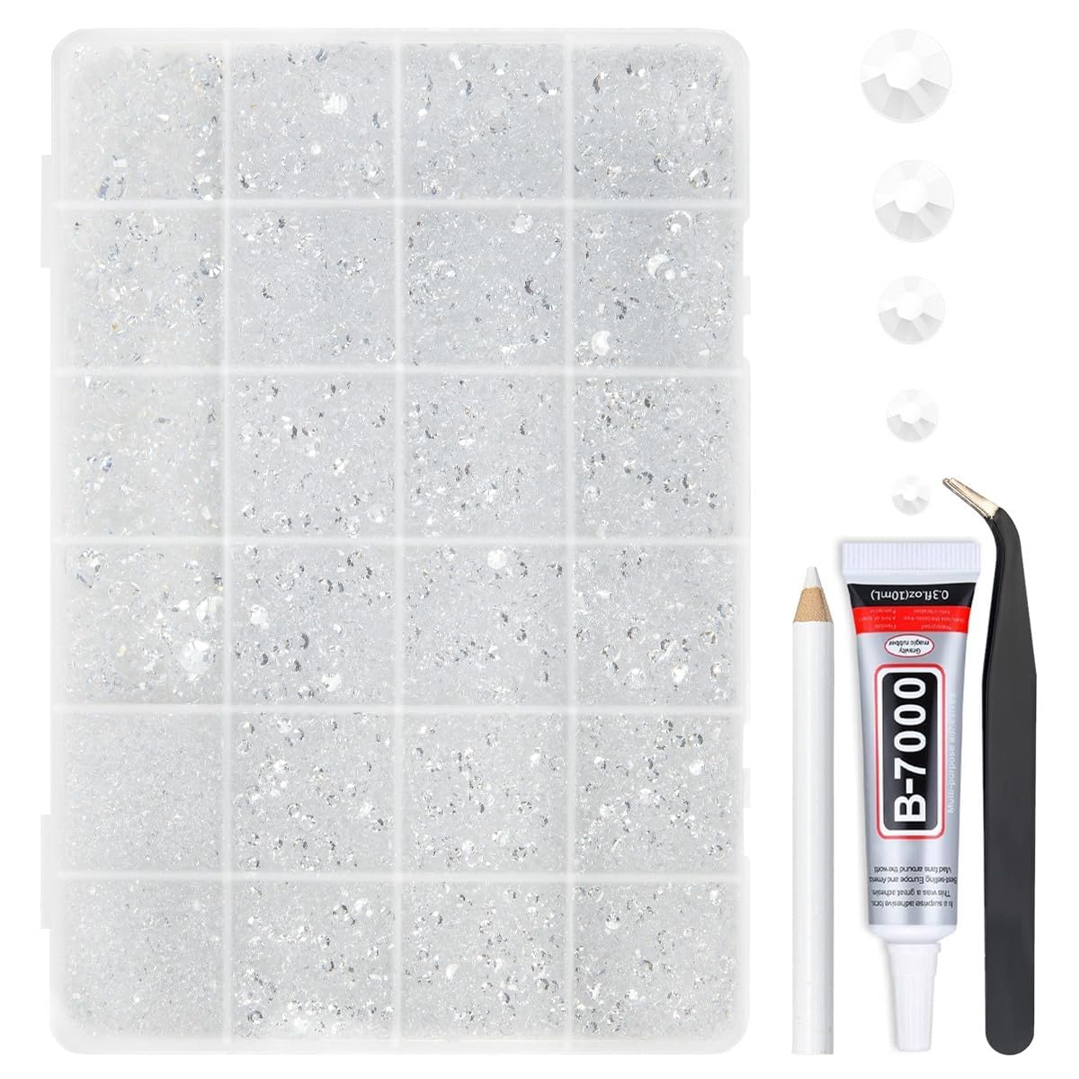 qiipii front packaging showing clear rhinestones and included glue for easy identification