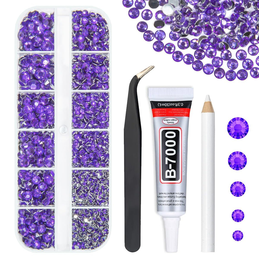 qiipii front packaging showing deep purple rhinestones and glue, clear organization benefit