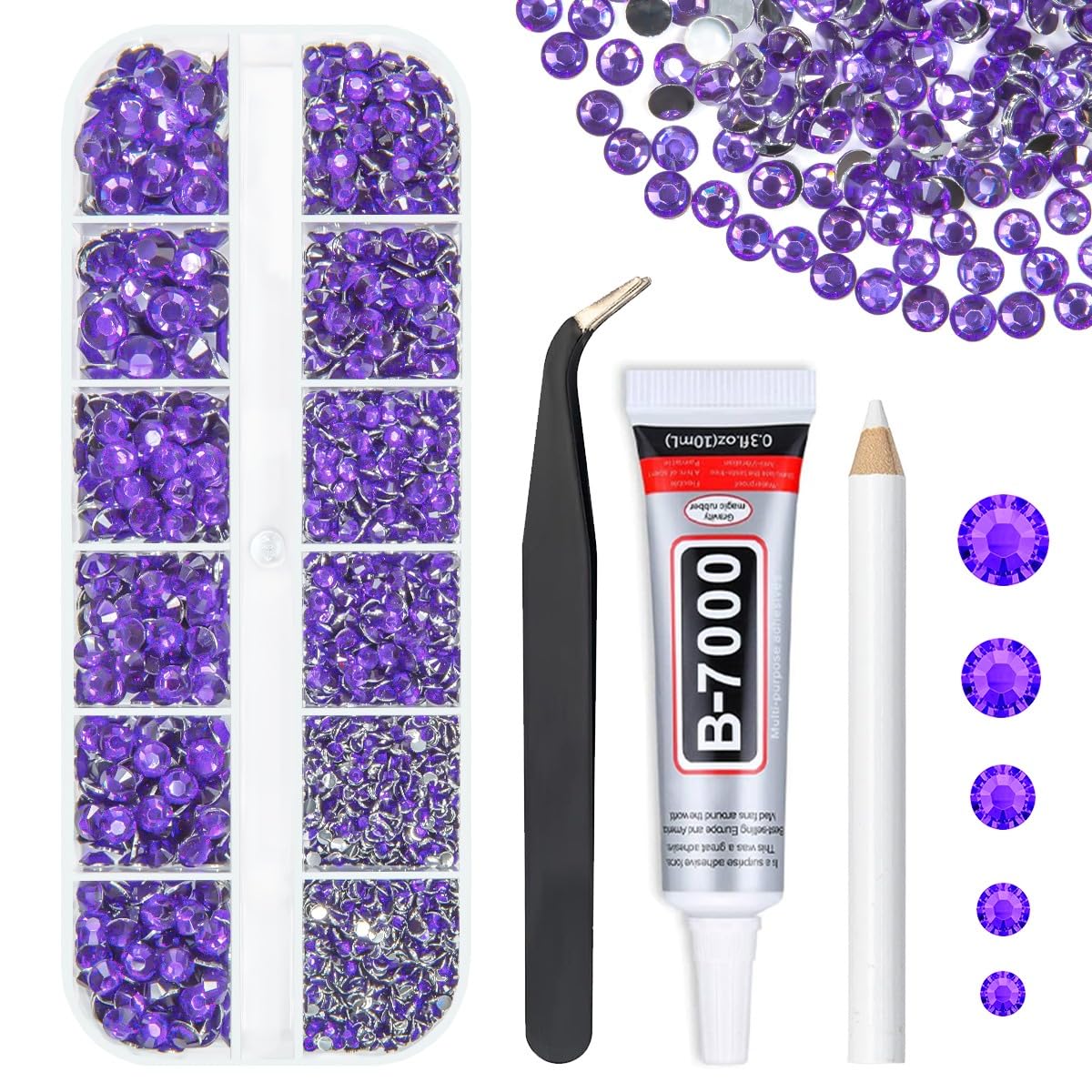qiipii front packaging showing deep purple rhinestones and glue, clear organization benefit