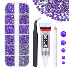 qiipii front packaging showing deep purple rhinestones and glue, clear organization benefit
