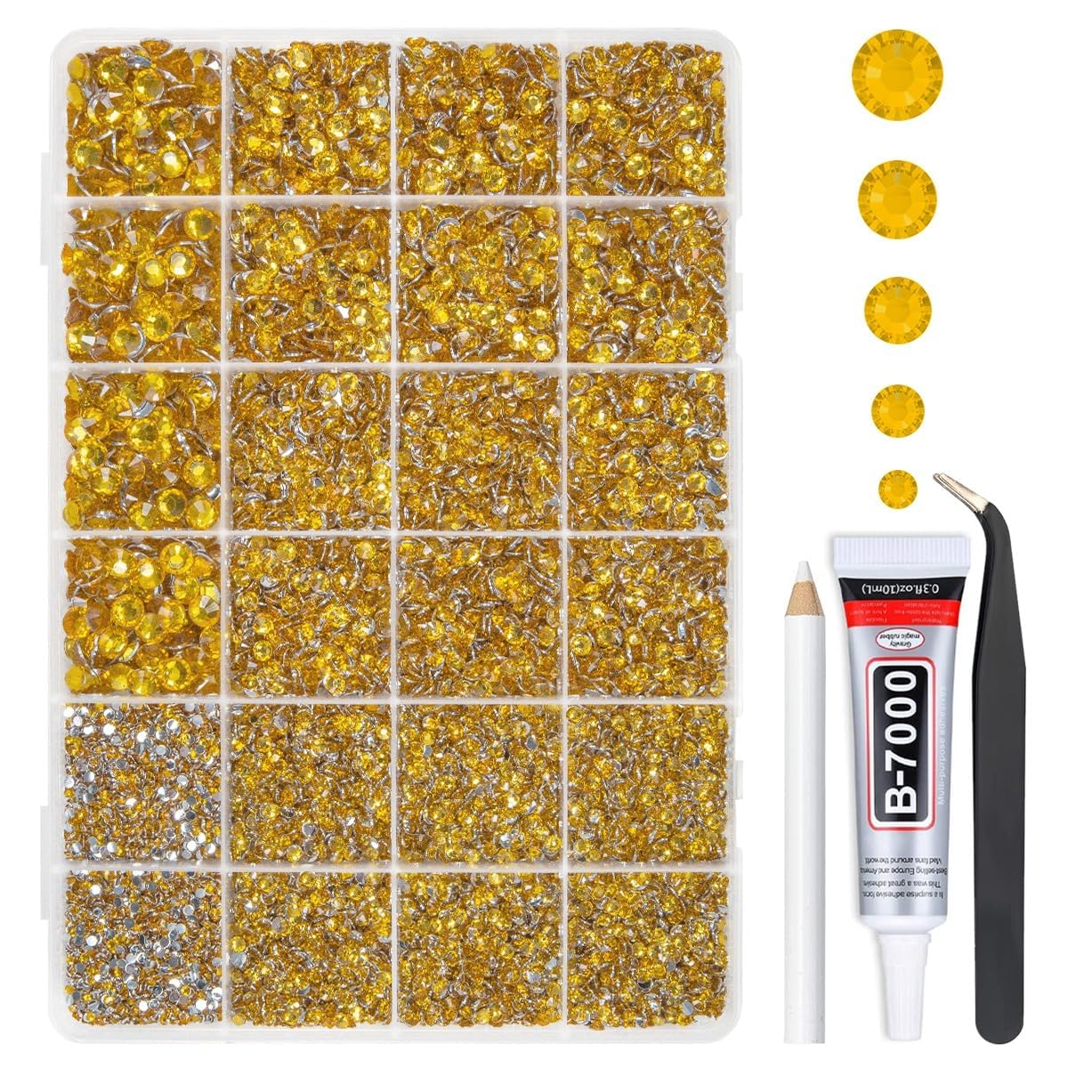 qiipii front packaging showing sorted golden yellow rhinestones and neat storage benefit