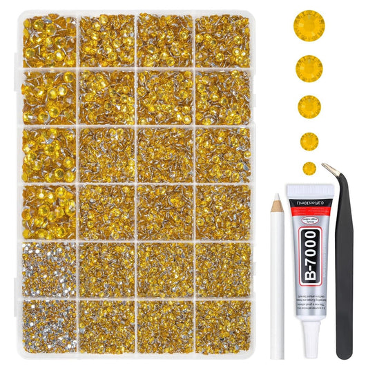 qiipii front packaging showing sorted golden yellow rhinestones and neat storage benefit