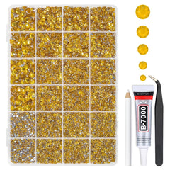 qiipii front packaging showing sorted golden yellow rhinestones and neat storage benefit