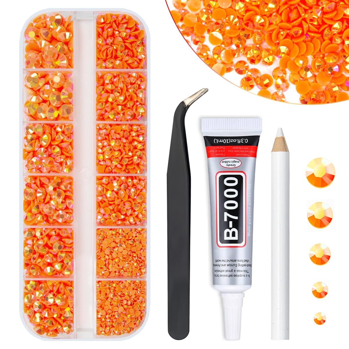 qiipii front packaging showing neon orange rhinestones and included glue, clear organization benefit