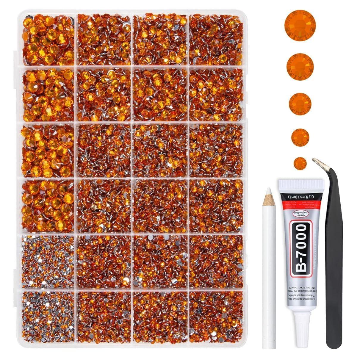 qiipii front packaging showing bright orange rhinestones and organizer box for easy storage