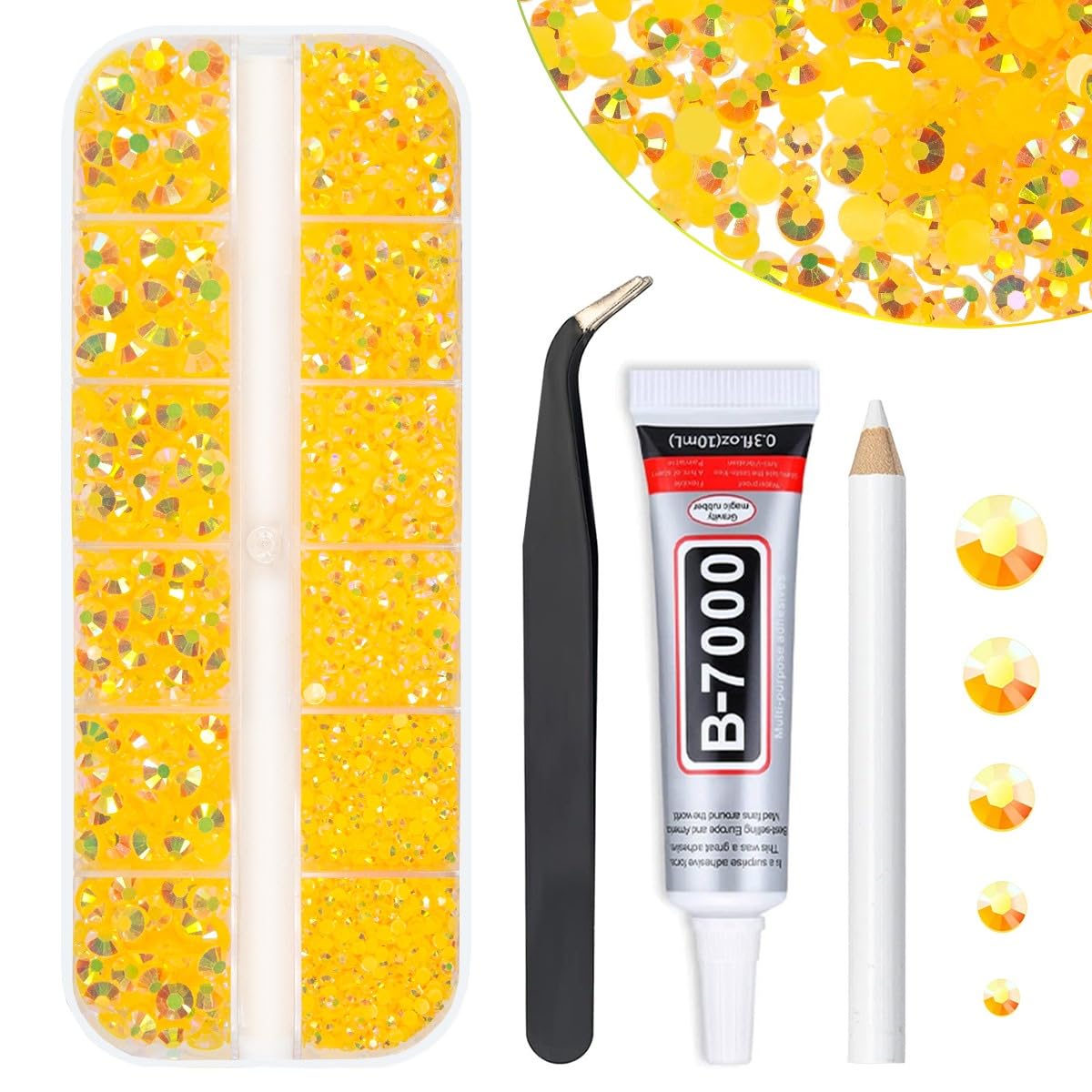 qiipii front packaging showing orange yellow AB rhinestones and included glue for easy crafting