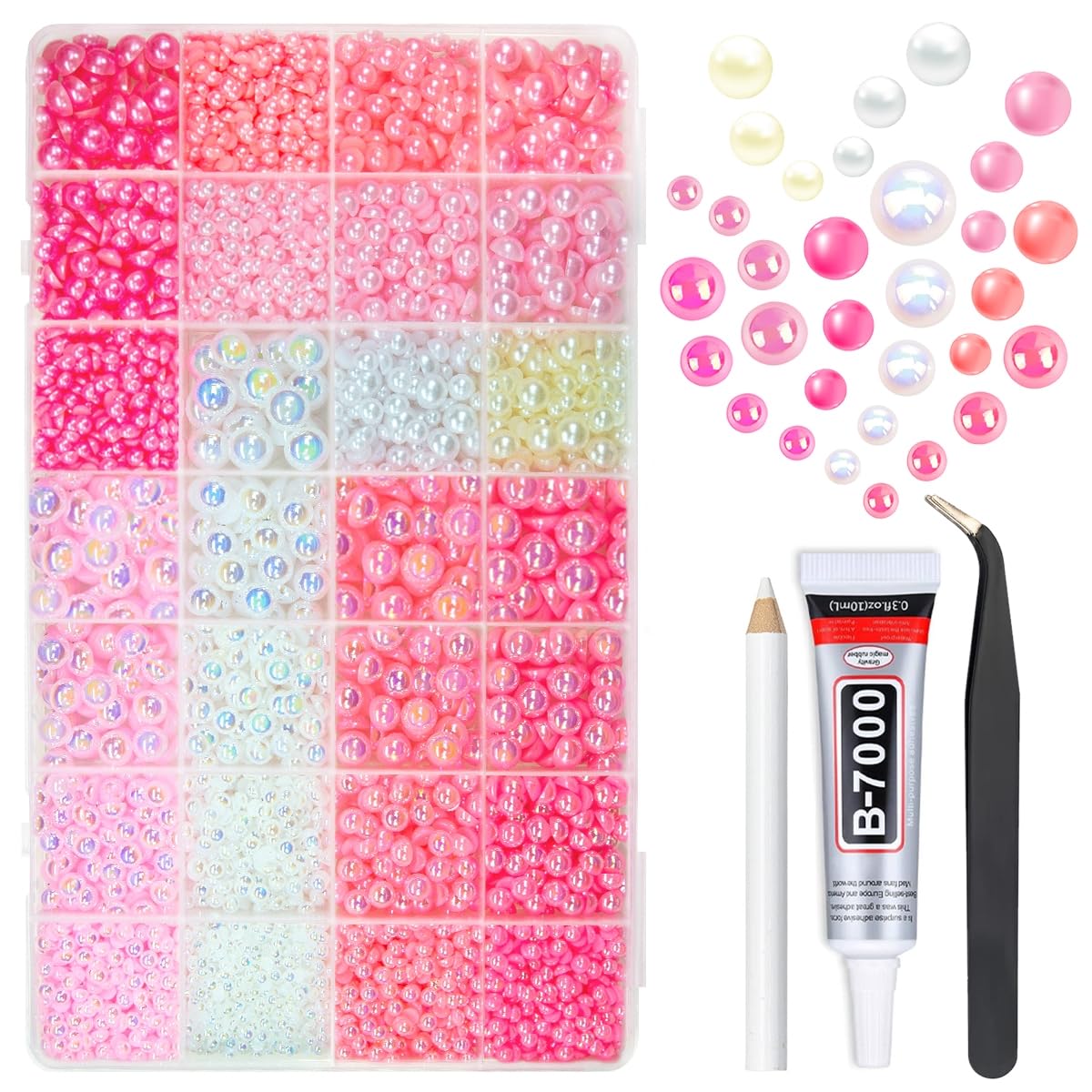 qiipii front packaging showing organized pink pearls and included tools for easy crafting