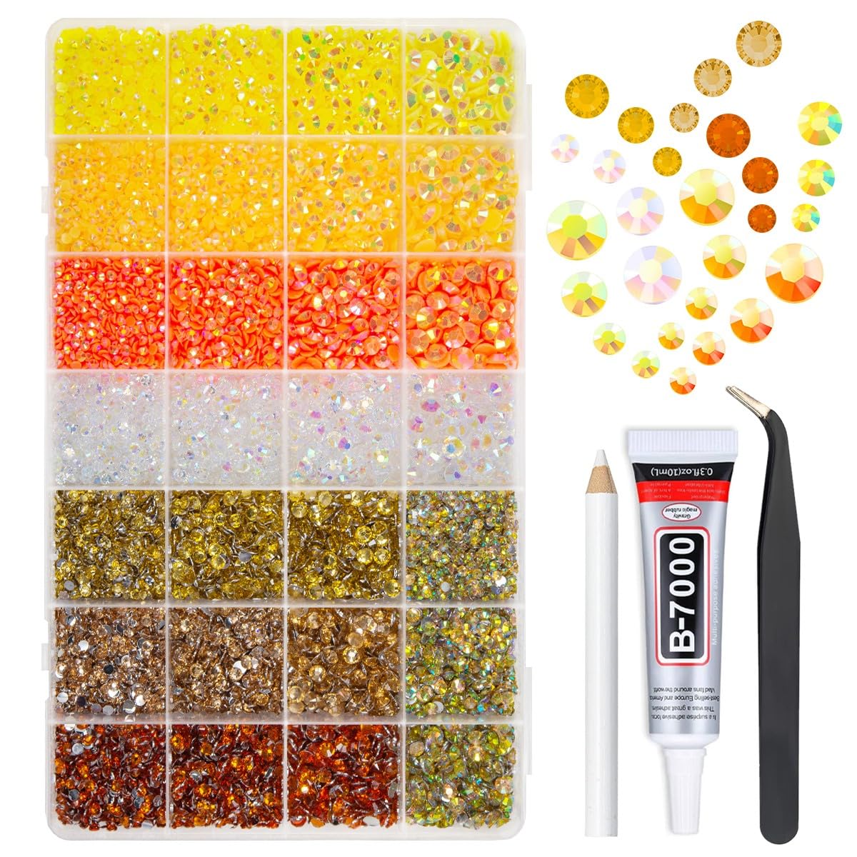 qiipii front packaging showing the yellow jelly resin rhinestones kit and tidy grid for easy selection