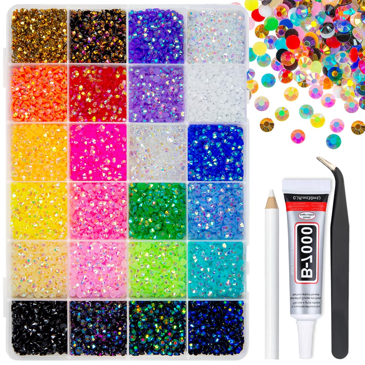 qiipii front packaging showing 24-color rhinestone kit with neat storage and clear lid