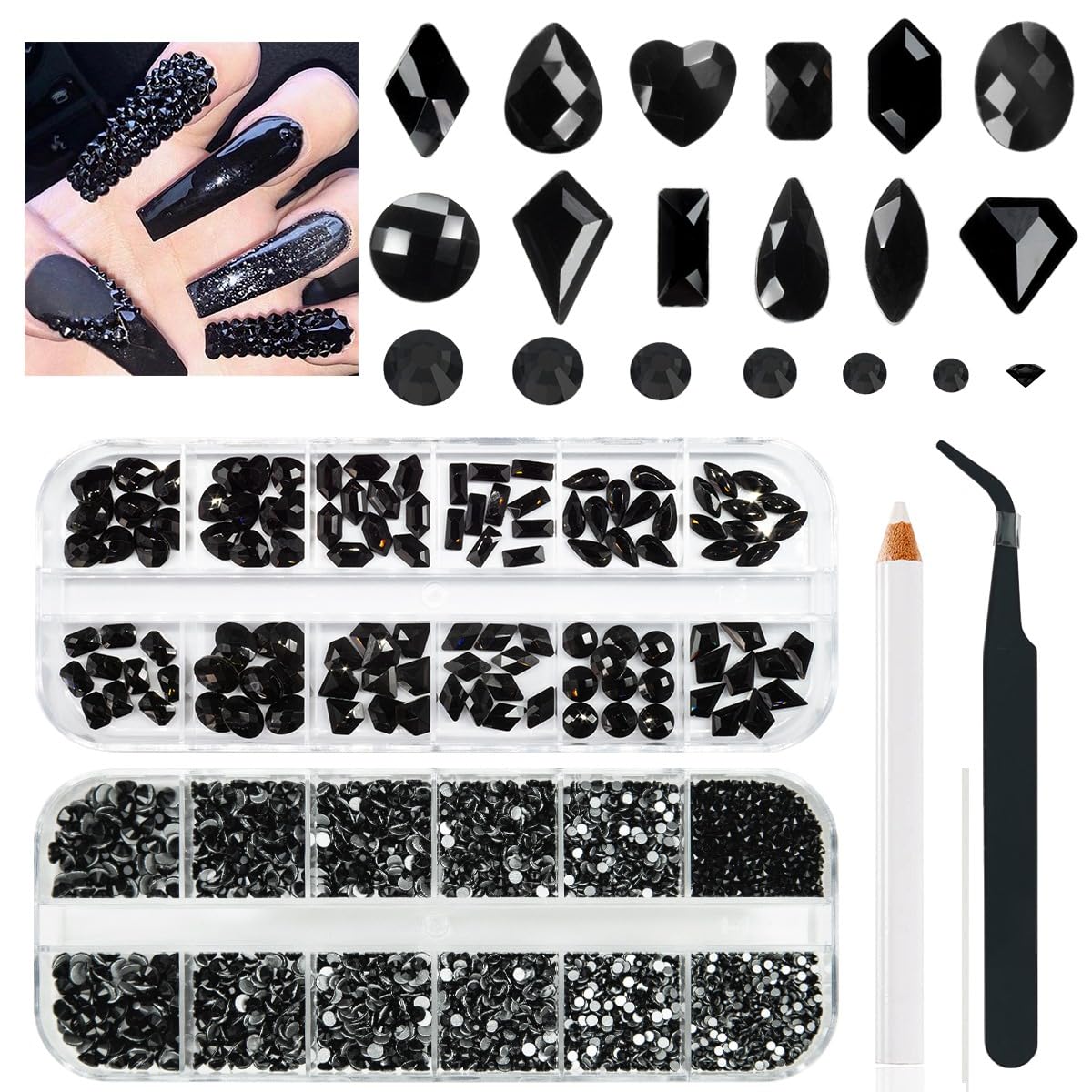 qiipii front packaging showing full multi-shape rhinestone kit and included tools for convenience
