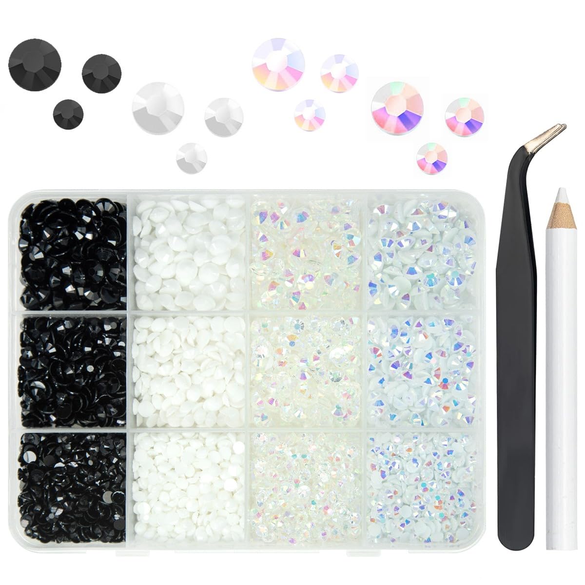 qiipii front packaging showing organized rhinestone box and included tools for tidy storage