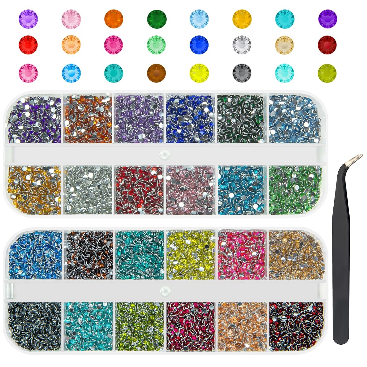 qiipii front view box showing 24-color rhinestone set and neat storage benefit