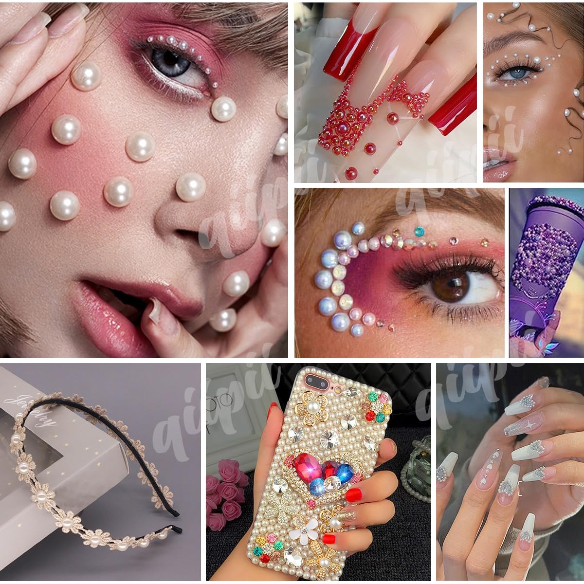 qiipii nail art detail with flatback pearls showing precise placement and eye-catching embellishment