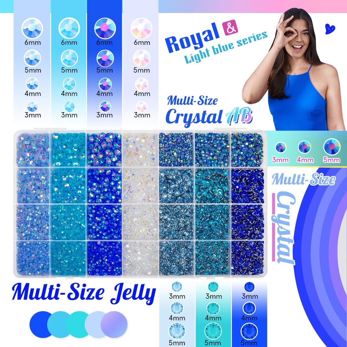 qiipii open 28-grid box with separated blue jelly and crystal rhinestones for quick selection